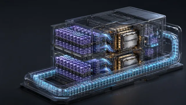 Cutaway of a transformer as a machine whose parts are built from visibly different numerical materials — four-bit crystalline expert banks, luminous eight-bit activation ribbons, dense high-precision accumulator chambers, and a long KV-cache corridor.