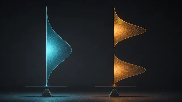 Two vertical distributions balanced on the same fulcrum: one a compact single mound centred on the balance point, the other split into two distant clusters at the extremes with nothing at the centre, both averaging to the identical mark.