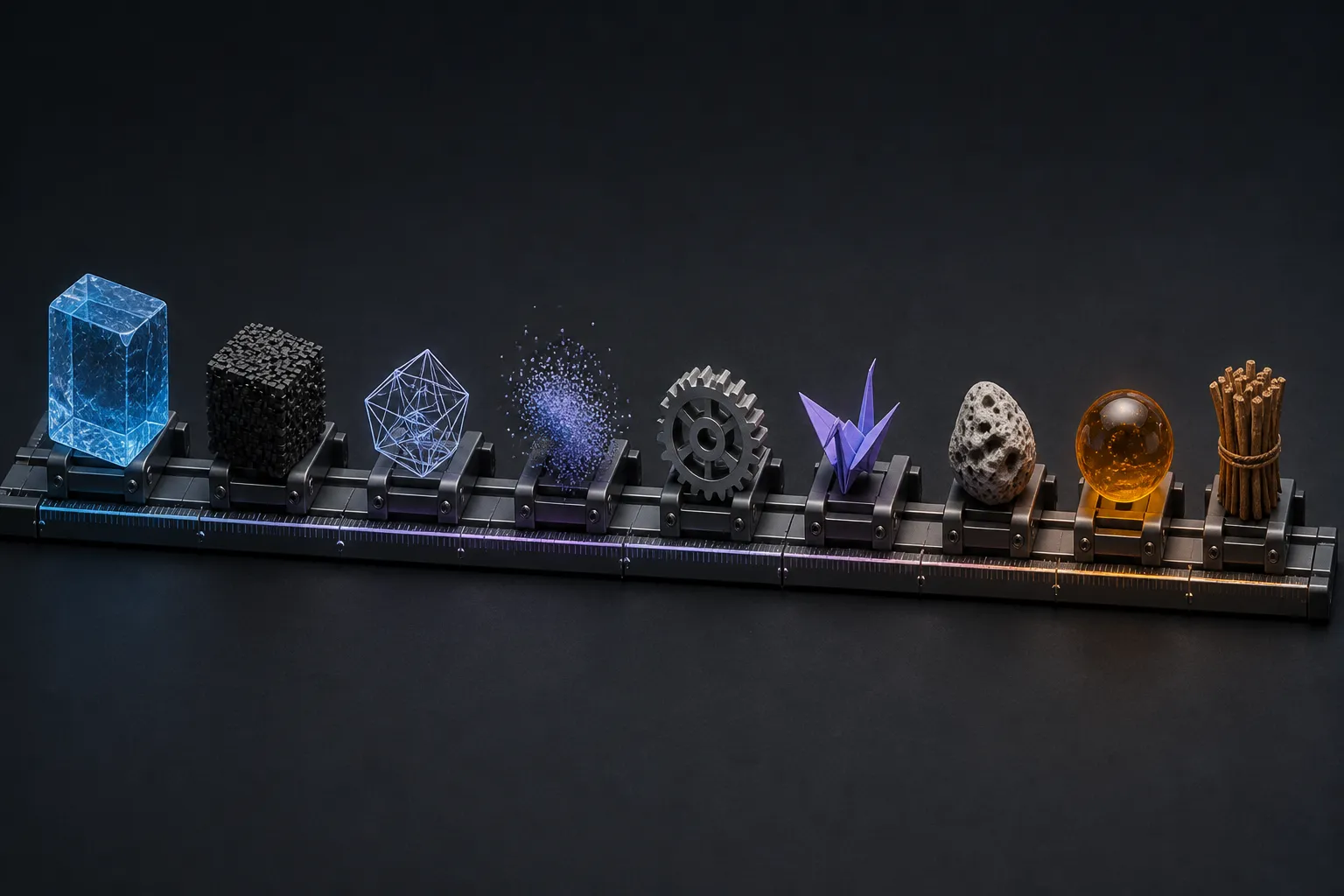 Nine objects of visibly different kinds clamped into identical slots along one long graduated measuring rail: a faceted crystal block, a densely compressed cube, a hollow wireframe shell, a cloud of loose particles that has not resolved into a solid, a machined gear, a folded paper form, a pitted stone, a glass sphere, and a bundle of rods. Every object is measured against the same linear scale despite none of them being the same kind of thing.