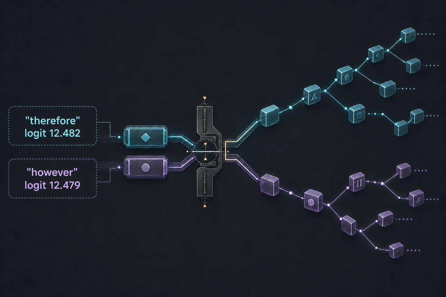 Two nearly tied token candidates passing a selection gate; a tiny nudge puts one ahead, and the generation path splits into two increasingly different but equally coherent branches.