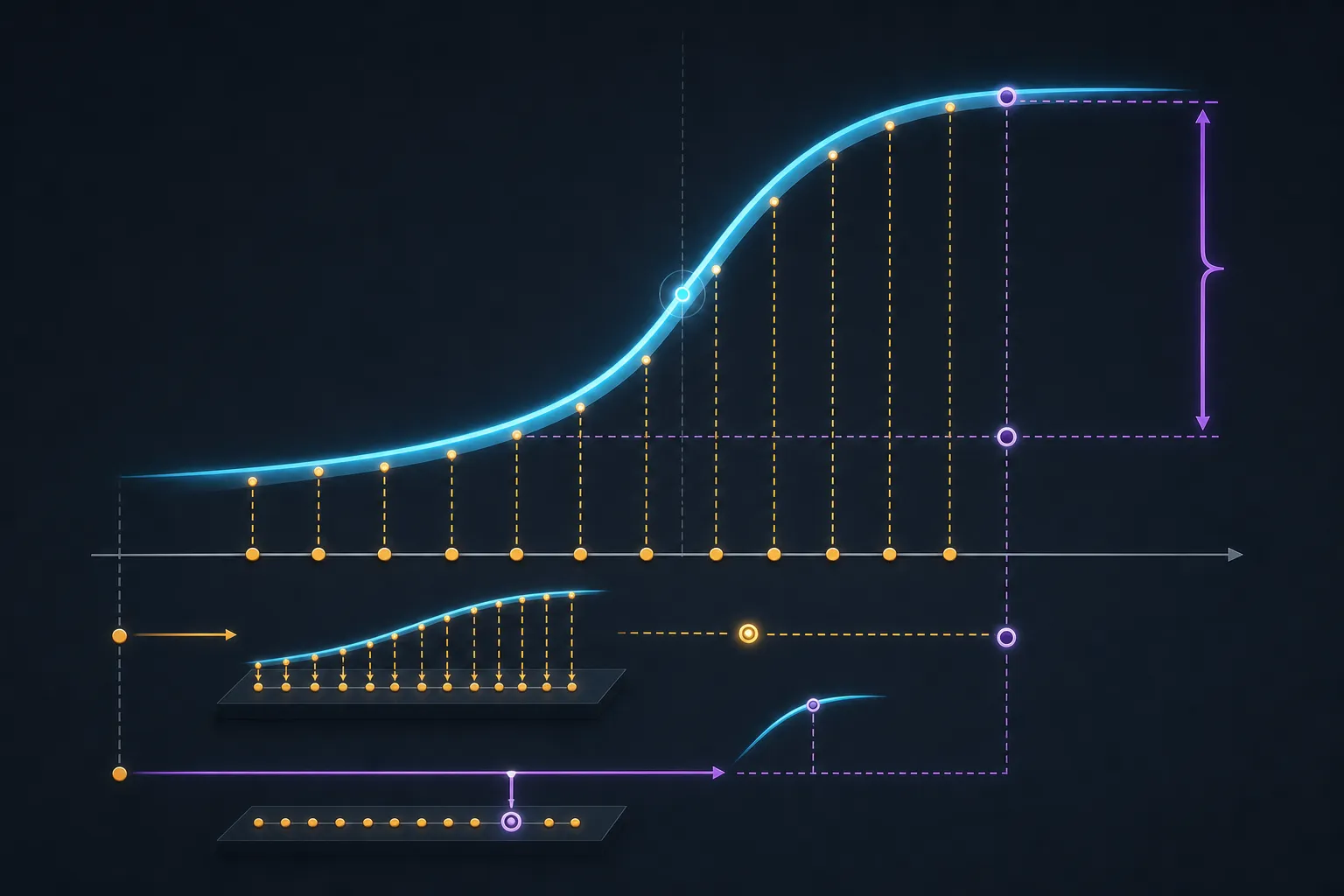 A luminous S-shaped sigmoid curve with its inflection point marked at the centre. Twelve points on the horizontal axis are traced along two different routes: lifting each point onto the curve and then averaging the heights arrives at one level, while averaging the points first and lifting the single average onto the curve arrives at a distinctly higher one. A bracket marks the gap between the two results.
