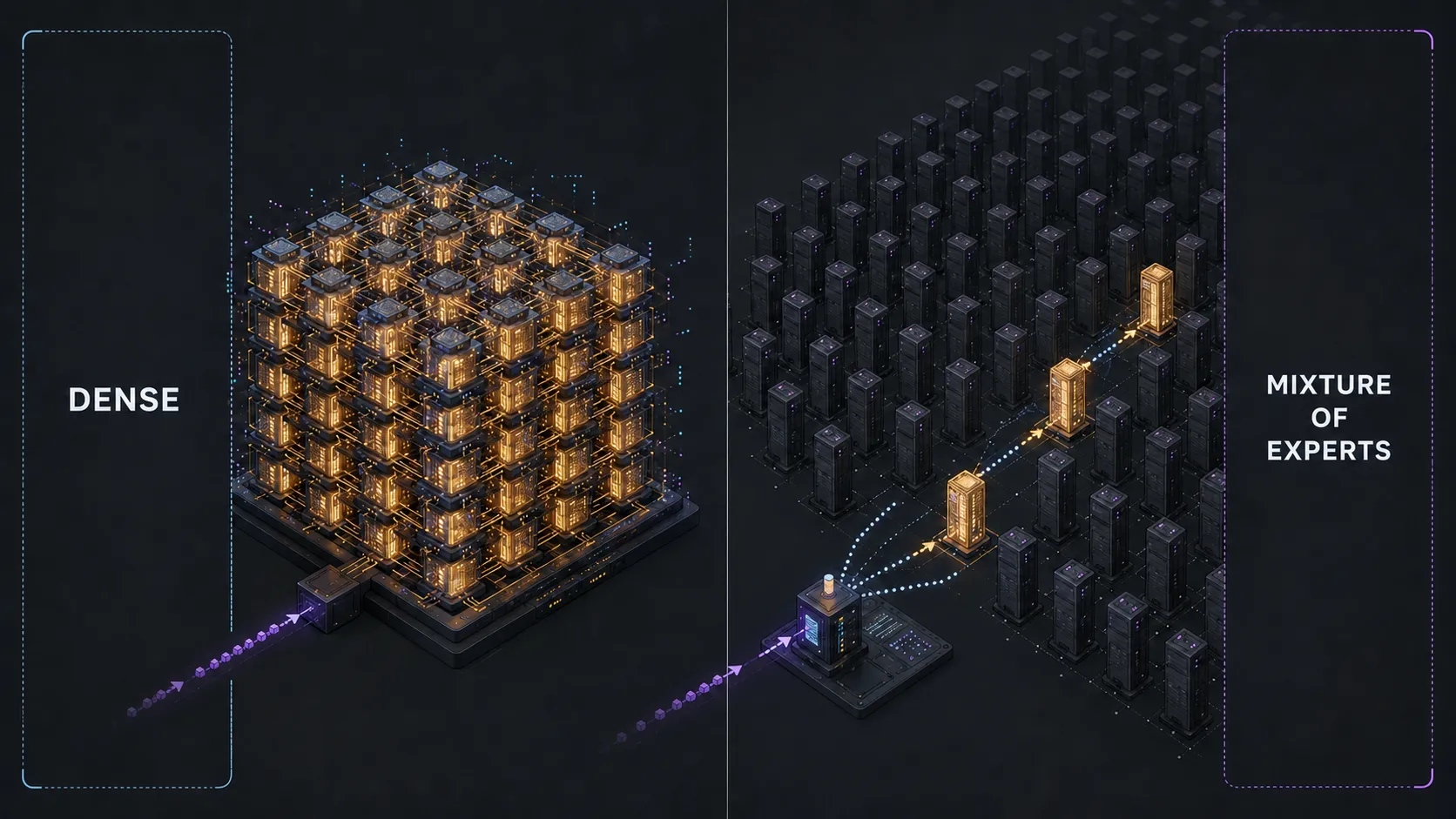 Split view: a dense transformer as a grid where every chamber lights up for every token, beside a mixture-of-experts city where only a few of hundreds of towers light along one token's path, directed by a small routing tower.