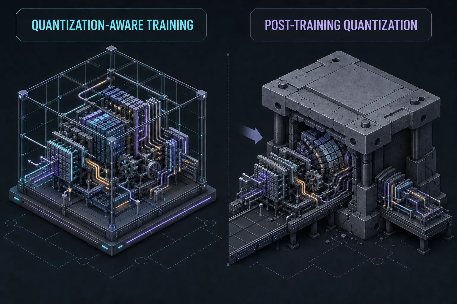 Side by side: a machine trained inside a restrictive low-precision framework emerges elegant and functional, while a finished high-precision machine forced through a compression mold afterward shows distortion.
