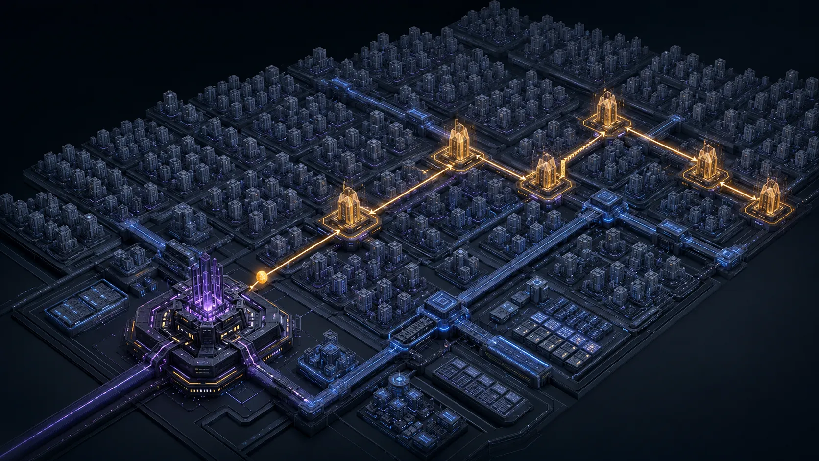 A mixture-of-experts model as a computational city: vast four-bit expert districts, eight-bit shared infrastructure, a few dense high-precision control centers, and one token's route lit through just six towers.