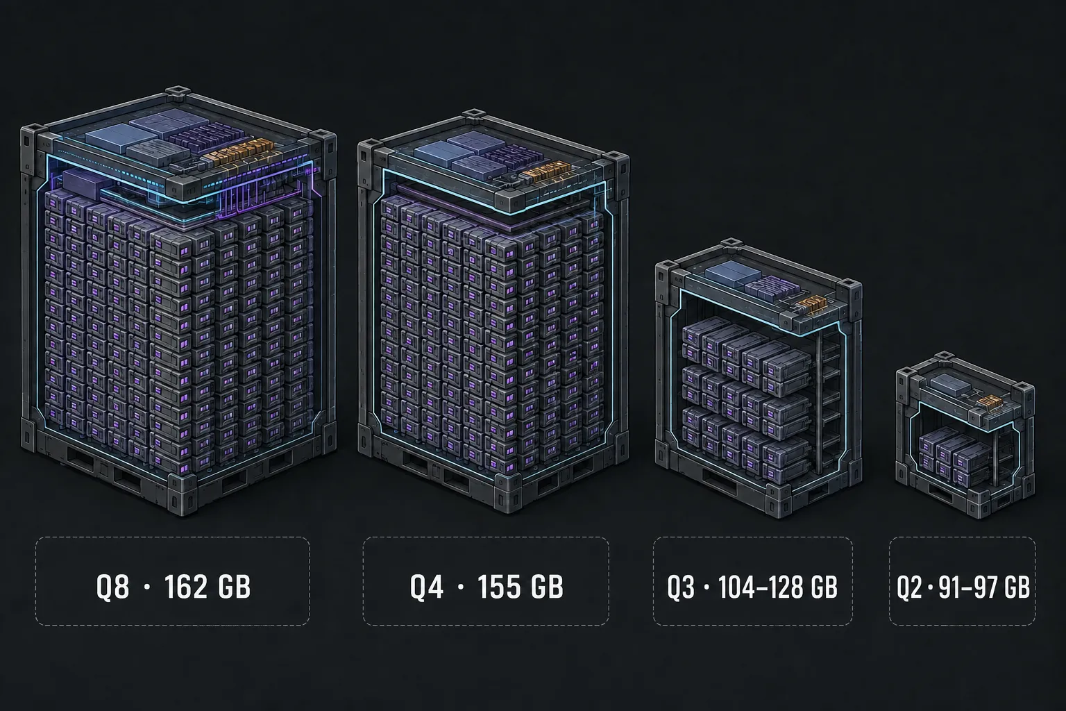 Four storage containers for Q8, Q4, Q3, and Q2 packages: the first two nearly identical in size because both keep the same four-bit expert mass; the smaller two visibly remove structure.