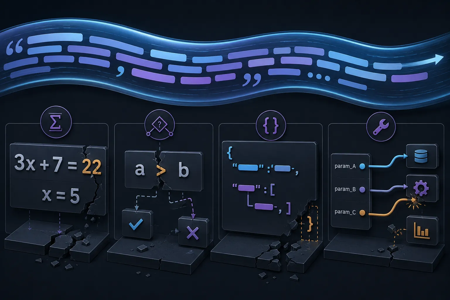 A polished stream of prose flows smoothly across the top while beneath it exact structures fracture — a wrong digit, a reversed comparison, a missing brace, a misdirected tool parameter.
