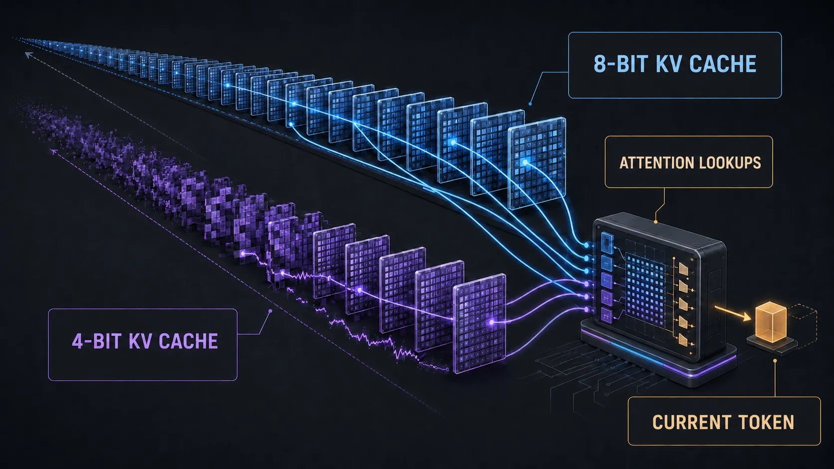 A model consulting a long archive of memory tiles that grow coarser with distance, shown as two parallel paths: a relatively safe eight-bit cache and a more fragile four-bit cache.