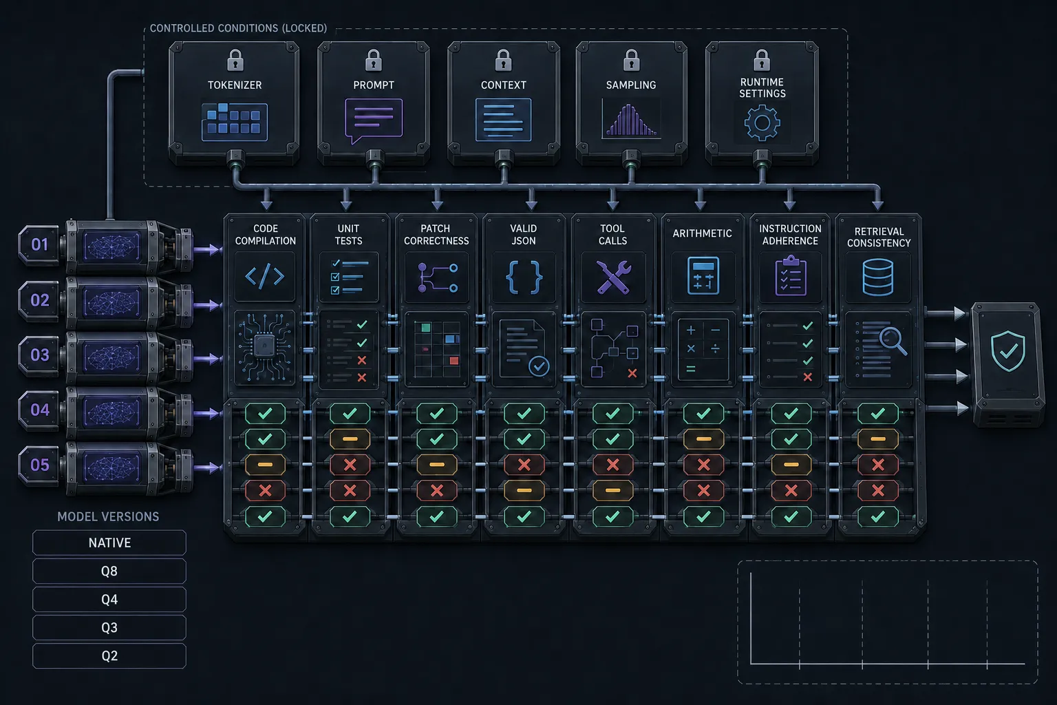 An evaluation workbench running five versions of one model through an identical locked pipeline of practical pass/fail stations — compilation, tests, JSON validity, tool calls, arithmetic, retrieval.